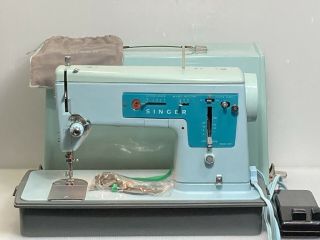 Vintage 1960s Singer Model 347 Sewing Machine Turquoise Blue - With Case