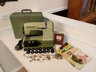 Elna 1956 Green Supermatic Sewing Machine W/case With Many Accessories