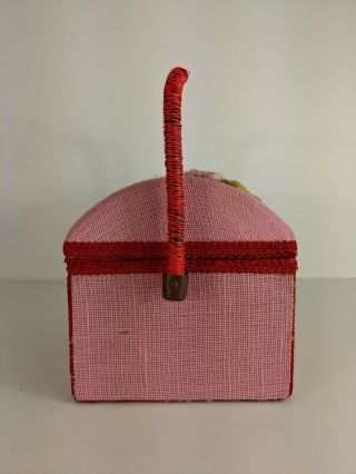 VINTAGE JC PENNY ' S SEWING BOX / BASKET with TRAY PUFF STITCH FLOWERS JAPAN PINK 3