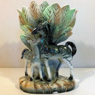 Hand Painted Lusterware Ceramic Horse Cornucopia Vase Vtg Art Pottery Planter