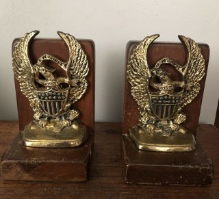 Vintage Wood Mounted Brass American Eagle Bookends E Pluribus Unum Flag Shield