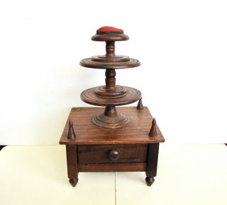 Vintage/antique Wooden Sewing Pin Cushion & Thread Spool Caddy Holder,  W Drawer