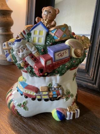 Vintage Fitz And Floyd Toyland Christmas Cookie Jar Holiday Toys Santa W/ Box