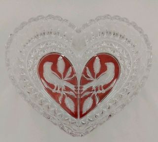 Hofbauer Red Byrdes Crystal Heart Dish Trinket Candy Bowl Vintage Cut Clear Bird