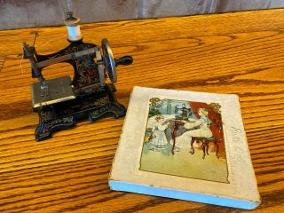 Antique 5 " Salesmen Mini Hand Crank Sewing Machine With Thread.  Made In Germany