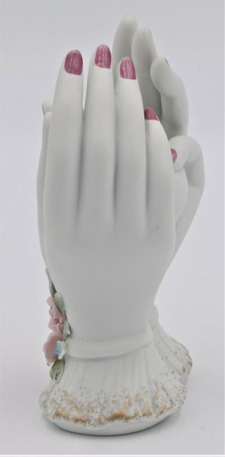 Lefton LADIES CUPPED HAND VASE KW1787 Pink Roses Vintage 50 ' s Porcelain 3