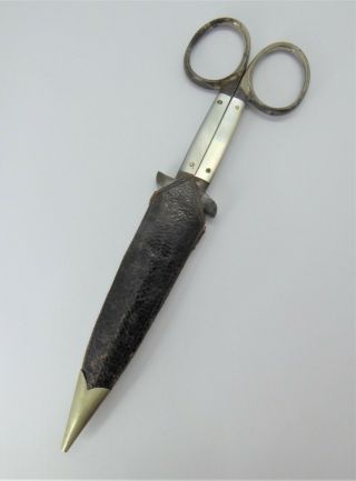 Antique Victorian Mother Of Pearl Handle Sewing Scissors In Leather Sheath C1880