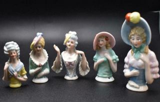5 Antique German Porcelain Half Dolls Pincushions 3 And 3/4 " Largest " Costumes "