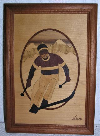 Skier Framed Hudson River Inlay Marquetry Picture By Jeff Nelson - 6.  75 " X 9.  75 "