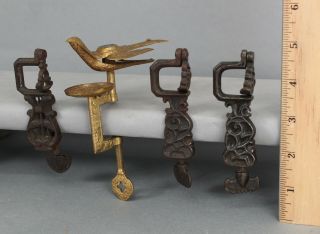 4 Antique 19thc Cast Iron & Brass Sewing Birds Lyre Victorian,