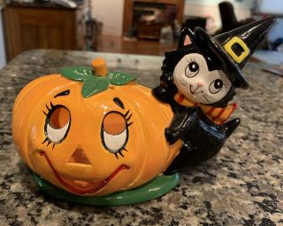 Vintage Lefton Halloween Black Cat Pumpkin Ceramic Tealite Candle Holder
