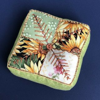Handmade " Sunflowers " Fabric Pincushion; Benefits Alzheimers Association