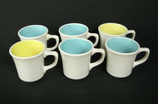 6 Vtg Taylor Mugs Diner Style Coffee Turquoise Aqua Yellow & White Ceramic Usa