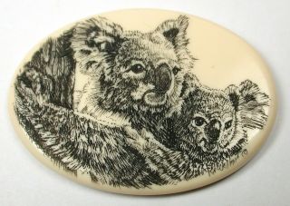 Artisan Scrimshaw Button Etched & Inked 2 Koala Bears Image 1 & 9/16 "