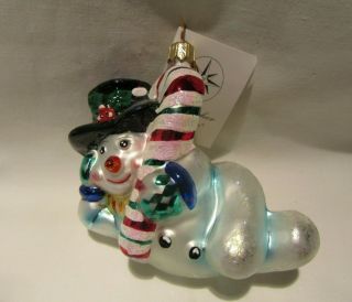 Vtg Christopher Radko Hand Blown Snowman " Chillin " With His Candy Can Paper Tag
