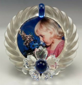 Retired Swarovski Austrian Crystal Blue Flower Picture Photo Frame Box & Bss