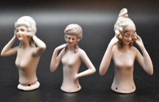 3 Antique German Porcelain Arms Away Half Dolls Pincushions " 18th Century Nudes "
