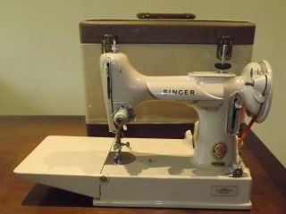 Singer 221k Featherweight Sewing Machine In Case White Tan Great