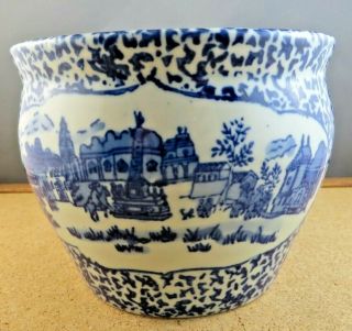 Chinese Blue White Porcelain Small Fishbowl Planter Jardiniere City Scene Spots
