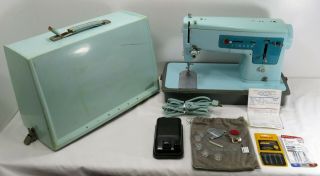 Vintage 1960s Singer Model 347 Sewing Machine Turquoise Blue W/case Well