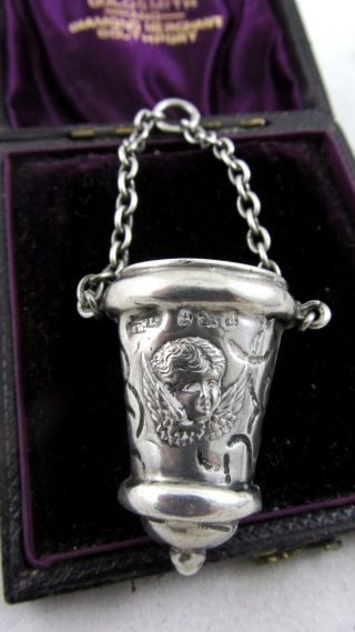 Antique Silver Thimble Holder Chatelaine Putti Cherubs 1900