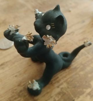 Vintage Lefton Black Ceramic Spaghetti Kitty Cat Figurine Rhinestone Eyes