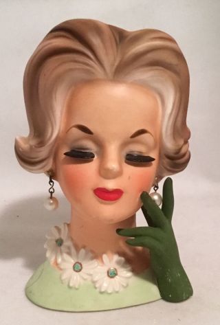 Rare Vintage 1950’s 6” Napcoware Lady Head Vase C6428 Green Glove With Daisies