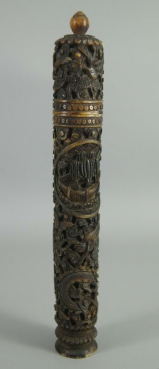 Fine Antique 19th C Chinese Qing Carved Horn Needle / Sewing Case Etui Nr