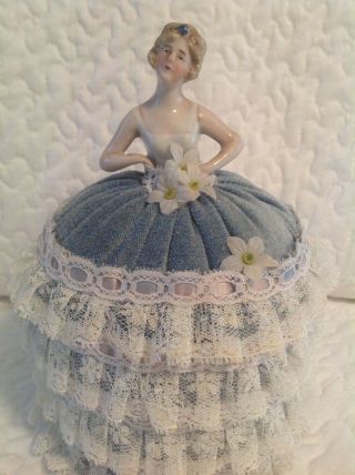 Antique Porcelain Half Doll In Blue Gray Velvet Lace Trimmed Pincushion Dress