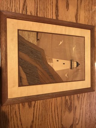 Hudson River Inlay Wood Marquetry Picture " Lighthouse Rock " Jeffrey Nelson