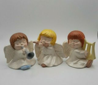 Set Of 3 Vintage Hobbyist Ceramic Musical Cherubs Harp Flute Horn Angels