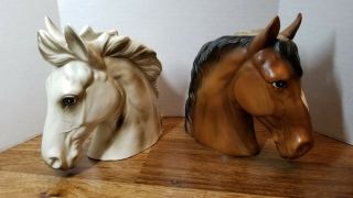 2 Vintage Lefton Horse Head Vase Planter H1953 White Horse & Brown Horse Pretty