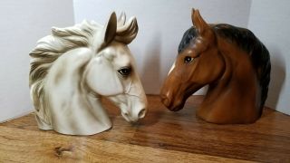 2 Vintage Lefton Horse Head Vase Planter H1953 White Horse & Brown Horse Pretty 3