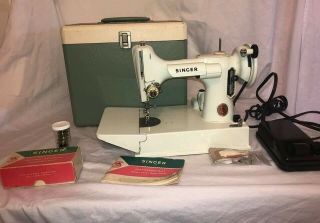 Singer Featherweight 221k Sewing Machine Lite Green W/case & Accessories Vg,