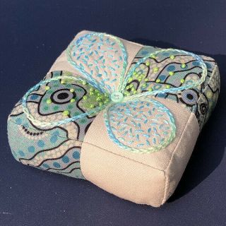 Handmade " Aboriginal Blue " Fabric Pincushion; Benefits West Us Wildfire Relief