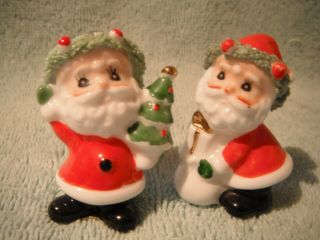 Vintage Napco Bone China Miniature Xmas Santa W/ Spaghetti Trim Figurines Pair