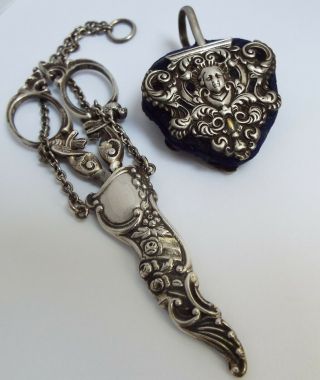 Decorative English Antique 1892 Solid Silver Chatelaine Scissors & Holder