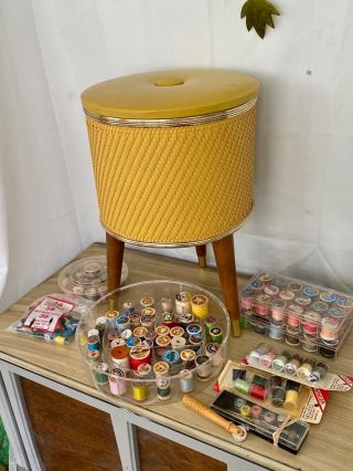 Mid Century Modern Sewing Storage Stool Basket With Sewing Notions