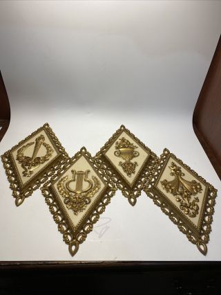 Vintage 70’s Set Of 4 Homco Dart Diamond Shape Wall Plaques Gold & Ivory Floral