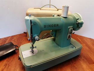 Vintage Green Singer 185k Sewing Machine In Case & Foot Pedal