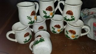 Vintage Ceramic Hand Painted Raised Mushroom Double Design Set Of 8 Cups Mugs