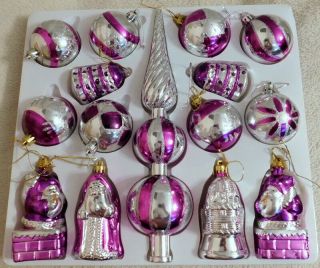 Vintage Christmas Decorations - Full Boxed Set Of 15 - Purple & Silver