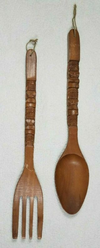 Vintage Hand Carved Large Wooden Fork And Spoon Decorative Wall Hangings
