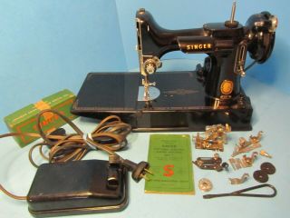 Singer 221 - 1 Featherweight Sewing Machine,  Case,  Attachments