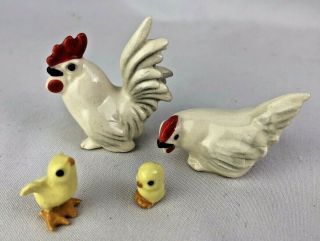 Vintage 4 - Piece Bone China Chicken Family Miniature Figurines Rooster Hen Chick 