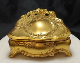 Gorgeous Antique Art Nouveau Casket Trinket Ring Jewelry Box Gold Toned