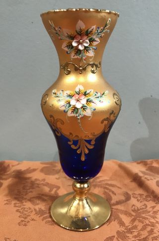 Vintage Czech Art Glass Cobalt Blue & Gold Hand Painted Flowers Vase