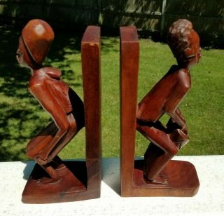 Set Of Carved Wooden Native Folk Art Bookends 9.  5 " African Tribal Man Drum Woman