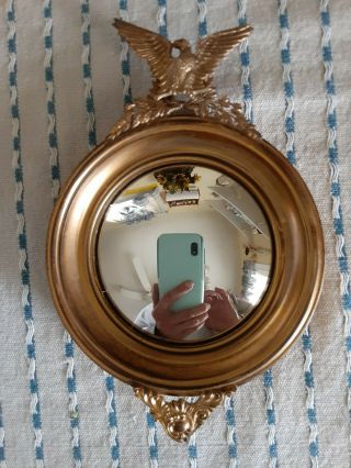 Sm Round Early American Style Framed Convex Wall Mirror W/ American Eagle Motif