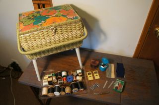 Estate Vintage Dritz Floral Sewing Box Basket W/ Handle & Legs & Contents